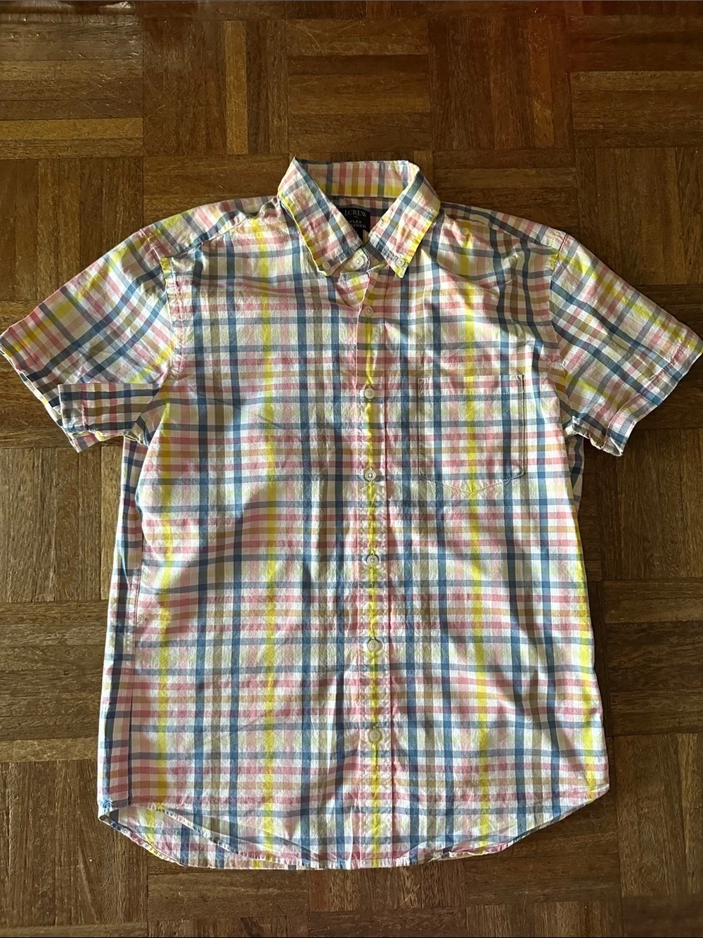 J. Crew Pastel Plaid Short-Sleeve Button-Down Shirt - Yellow, Pink, Blue
